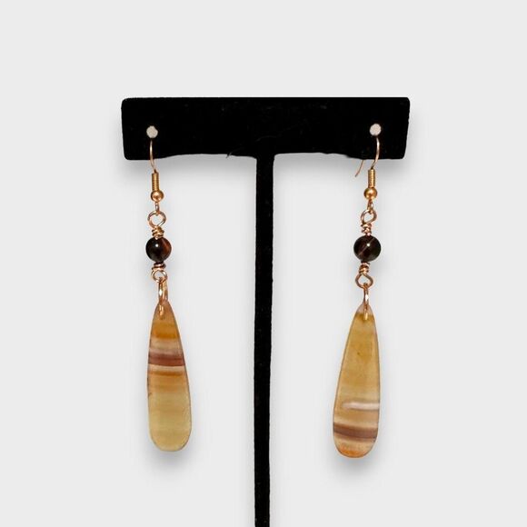 Natural Orange Sardonyx Mahogany Tiger's Eye Gemstone Earrings Copper Hooks - Picture 3 of 10